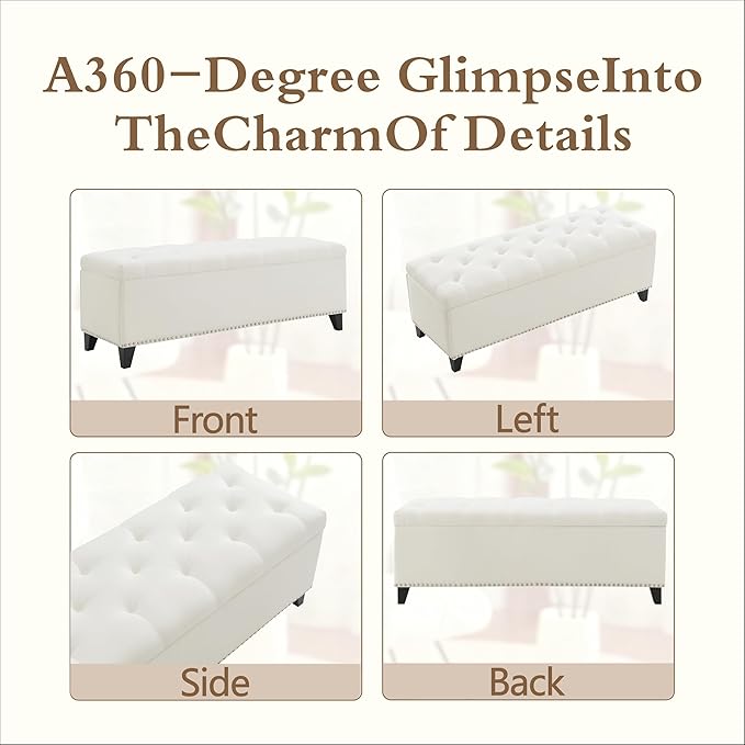 47.5“ Storage Ottoman Bench, Upholstered Button-Tufted End of Bed Bench with Soft-Close Hinge & Solid Wood Legs, Foot Rest for Living Room, Bedroom, Hallway (Linen, White)