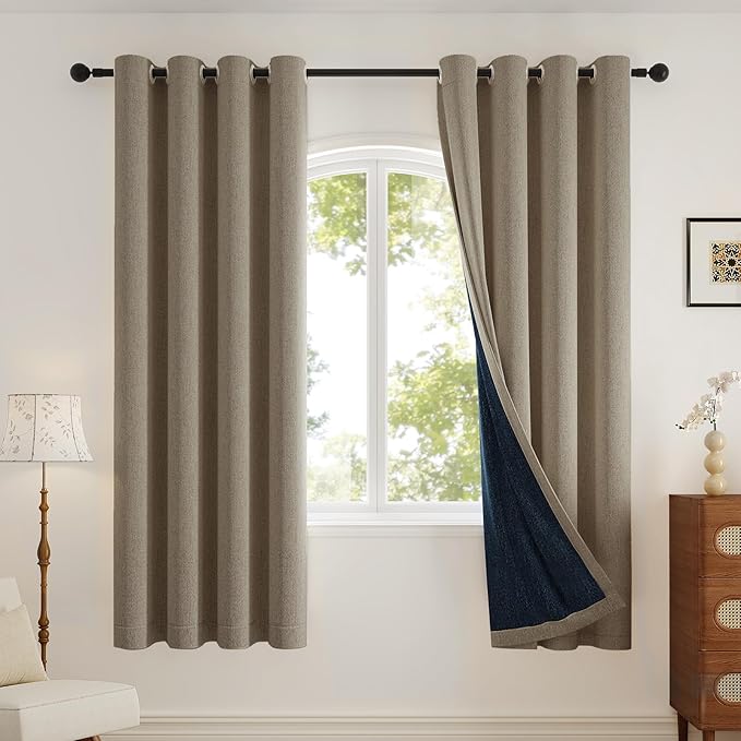 100% Blackout Curtains for Bedroom, Thermal Insulated Curtains 63 Inch Length Curtain 2 Panels, Soft Farmhouse Linen-Look Textured Full Light Blocking Room Darkening Drapes, W52xL63, Taupe