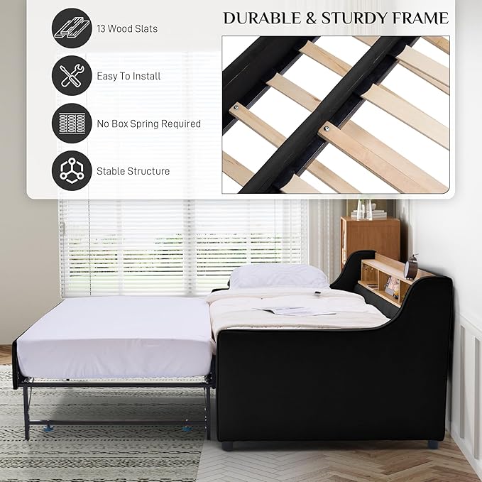 Twin Size Daybed with Pop Up Trundle Bed, Linen Fabric Upholstered Day Bed Frame with w/LED/USB/Type C/Storage Headboard, Twin to King Daybed for Living Room Bedroom, No Box Spring Needed, Black