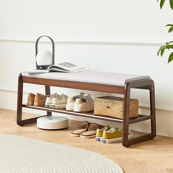 Solid Wood Shoe Bench, 2-Tier Wooden Storage Entryway Bench, Mid-Century Modern Shoe Bench Rack, End of Bed Bench with Faux Leather Cushion, Ottoman Bench for Hallway, Living Room (Cream Grey 39.7'')