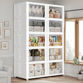150GAL Large Stackable Storage Bins with Lid and Wheels, 600Qt Collapsible Organizer Cabinet with Clear Door, for Closet, Bedroom, Kitchen, Garage, 5-Pack White