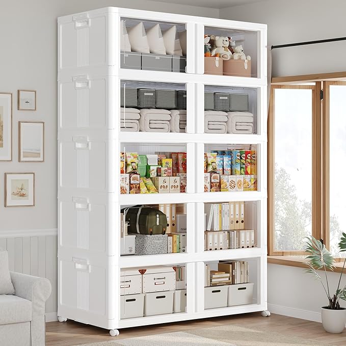 150GAL Large Stackable Storage Bins with Lid and Wheels, 600Qt Collapsible Organizer Cabinet with Clear Door, for Closet, Bedroom, Kitchen, Garage, 5-Pack White