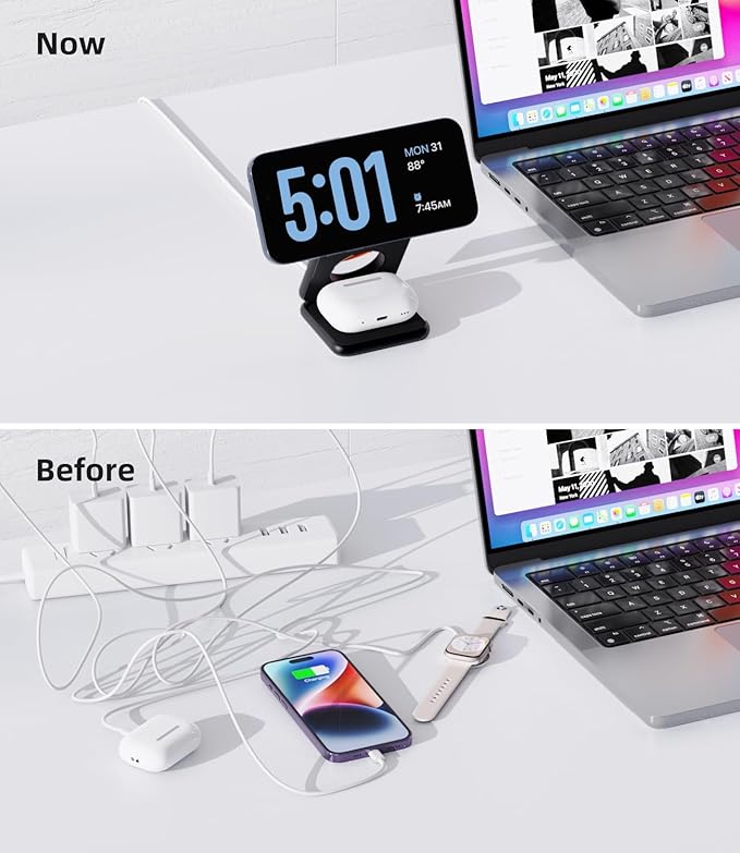 Foldable Magnetic Wireless Charger, KU XIU X40 Aluminum Alloy 3 in 1 Charging Station for Apple, Fast Charging Travel Charger for iPhone 17 16 15 14 13 12, 5W for Apple Watch & AirPods, Black