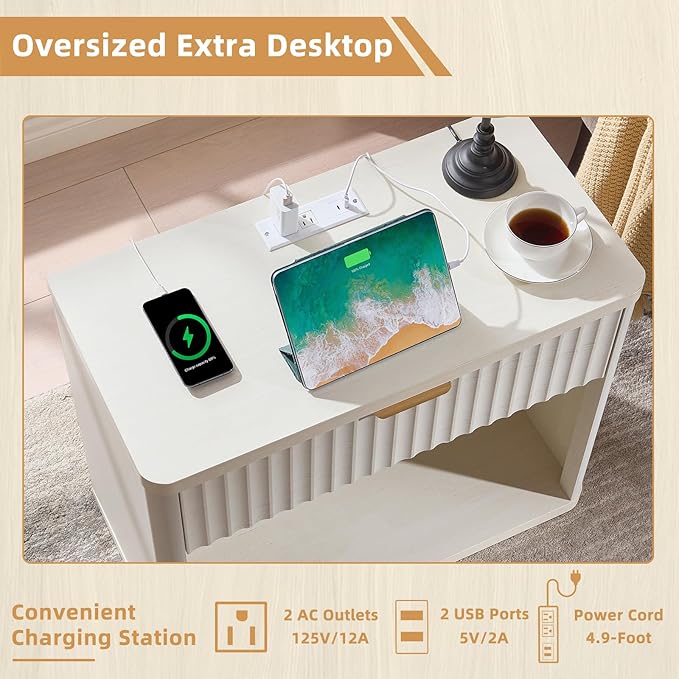 LEYAOYAO 31" Wide Fluted Nightstand with Charging Station, Oversized Extra Large 1 Drawer Night Stand with Golden Handle, White Wood Bedside Table Tall End Tables,for Bedroom, Living Room, Hallway