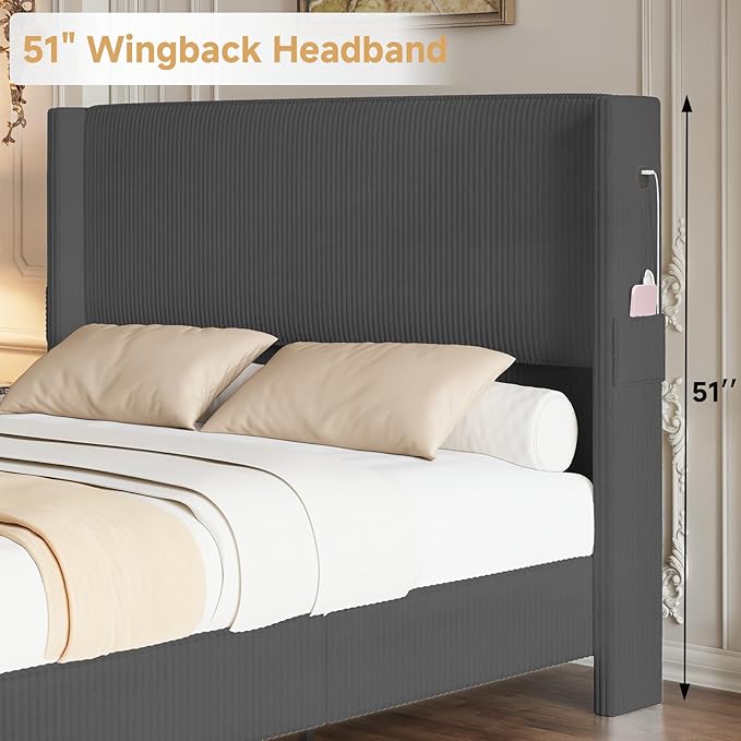 Queen Size Bed Frame with Headboard, Upholstered Platform Bed with Tall Wingback Headboard & Footboard, Corduroy Bed Frames with USB Ports, Easy Assembly, Gray
