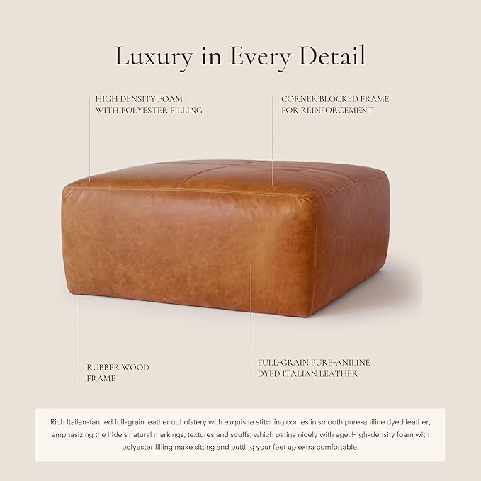 POLY & BARK Sequoia Ottoman – 35” Square Pouf with Feather-Down Topper – Full-Grain Leather Upholstered Pouf Ottoman for Living Room – Vintage Italian Leather in Cognac Tan
