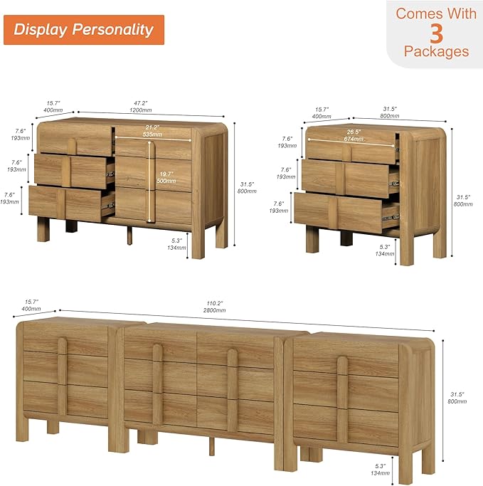 WAMPAT 3 Piece Bedroom Dresser Set, 110.2" Wide 12 Drawers Wood Dresser, Mid-Century Modern Storage Chest with Curved Handles for Bedroom, Living Room (Light Walnut)