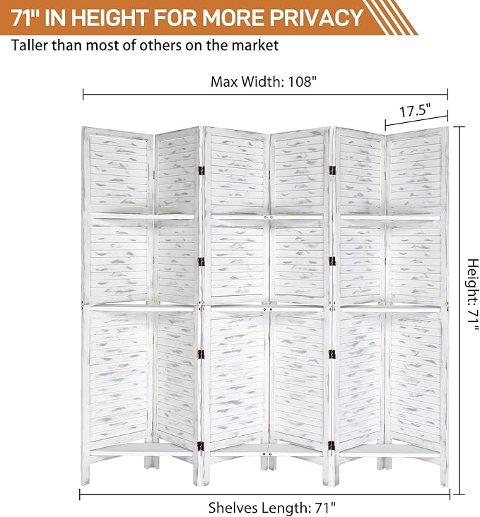 Bonnlo Wood Room Divider Privacy Screen, 5.9 Ft Tall Folding Partition Wall Divider, Indoor Freestanding Hinged Space Separator (Grey, 6 Panel with Shelves)