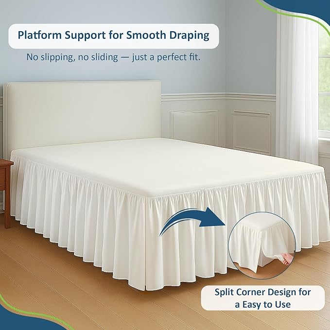 Rajlinen Ruffled Bed Skirt Twin XL, 21 Inch Drop Dust Ruffle with Split Corners, 100% Microfiber Bedskirt with Platform, Three-Sided Coverage Ruffled Gathering Design, Ivory