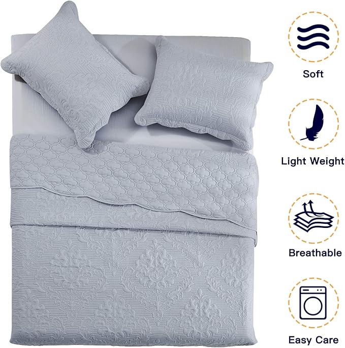 CHIXIN Oversized Bedspread Coverlet Set King Size - Lightweight Bedding Cover - Ultrasonic Quilting - 5 Piece Reversible Bedspread - Elegant Damask Paisley Pattern (King, Light Grey)