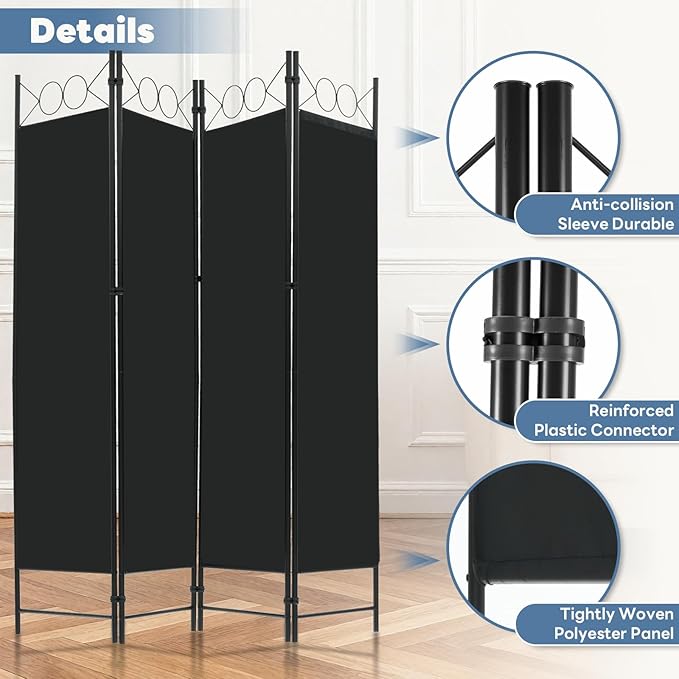 DUMOS 4 Panel Partition Room Divider, 6 Ft Tall Folding Privacy Screen, Freestanding Partition with Steel Frame, Easy Move & Storage, for Home, Office, Bedroom, Black