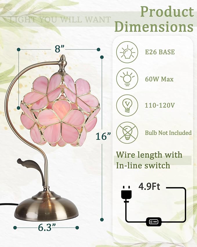 Tiffany Style Flower Table Lamp, Vintage Cherry Blossom Stained Glass Lamp with Brass Base for Bedroom Bedside Home Decor, Blush Coral (Pink)