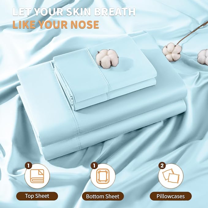 LBRO2M 100% Cotton Sheets Set Deep Pocket 19", 1000 Thread Count Full Size 4 Piece Bed Sheet Sets Soft Comfortable Bedding All Season (Full, Light Blue)