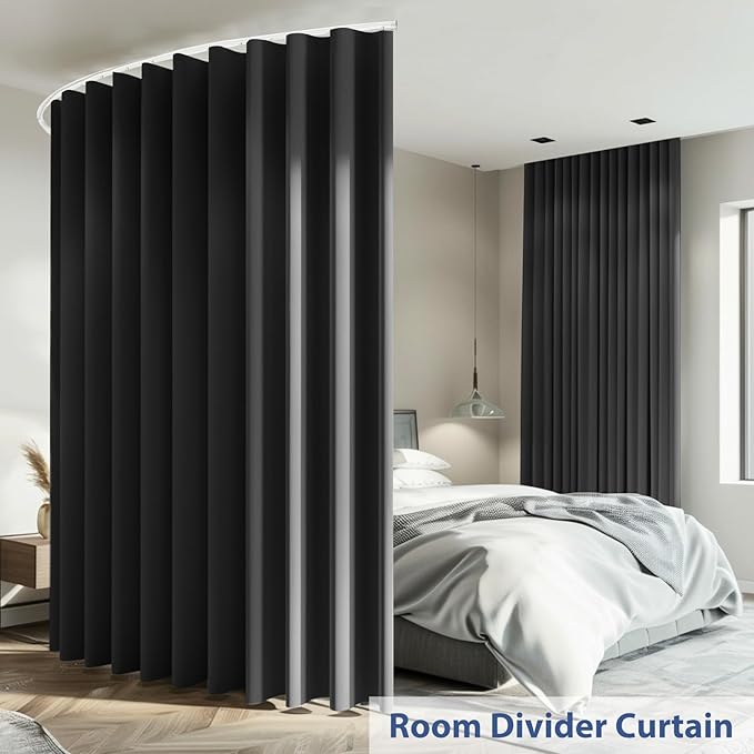 Room Divider Ceiling Mounted Curtains Track Sets Extra Wide Blackout Curtain Flexible Tracks for Bedroom Office Privacy Partition Separator, Black, W 12.5 x H 7ft