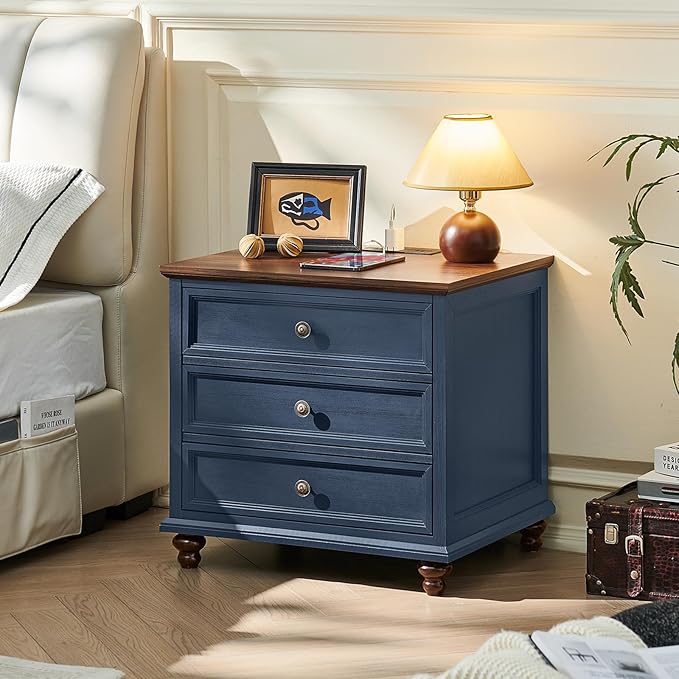 24" Wide Farmhouse Nightstand Set of 2, 54" 7 Drawers Dresser, 45" Tall Rustic Chests of 5 Drawers w/ 4 Solid Wood Feet, Farmhouse Furniture Series for Living Room,Bedroom,DarkBlue