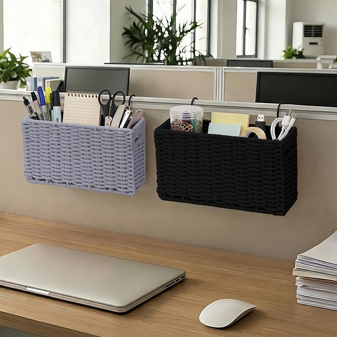 Cotton Rope Woven Bedside Caddy for Dorm Bed, Foldable Bedside Shelf Bunk Bed Accessories, College Dorm Room Essentials Hanging Organizers Storage Basket, Room Decor Magazine File Holder (Black)