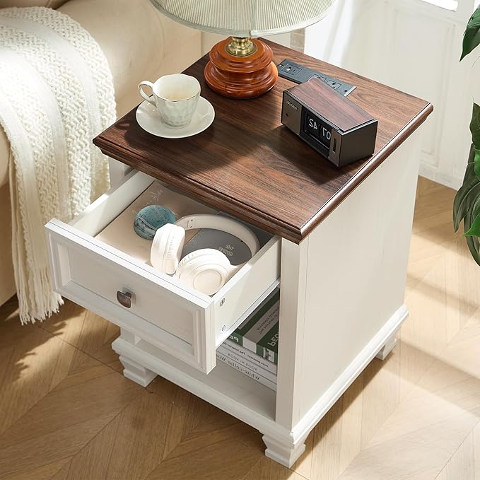 SAVOR LIFE Farmhouse End Tables Living Room Set of 2, Rustic Wood Nightstand with 1 Drawer, Bedside Table with Open Shelf for Bed Room, Side Table for Living Room, White