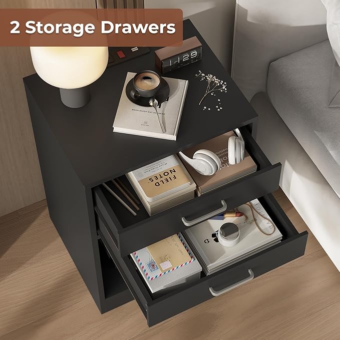 ADORNEVE Night Stand Set 2,Black Nightstand with Charging Station & Drawers,Night Stands for Bedrooms Set of 2,Bedside Table with Drawers