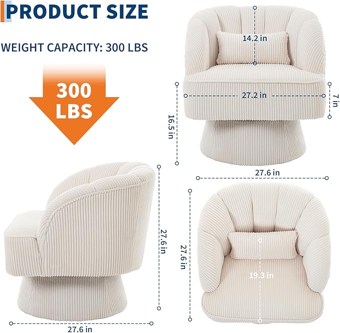 GarveeHome Modern Swivel Barrel Accent Chair, 360° Velvet Upholstered Armchair with Striped Backrest & Plush Padding, Comfy Round Lounge Chair (1, Beige + Corduroy)