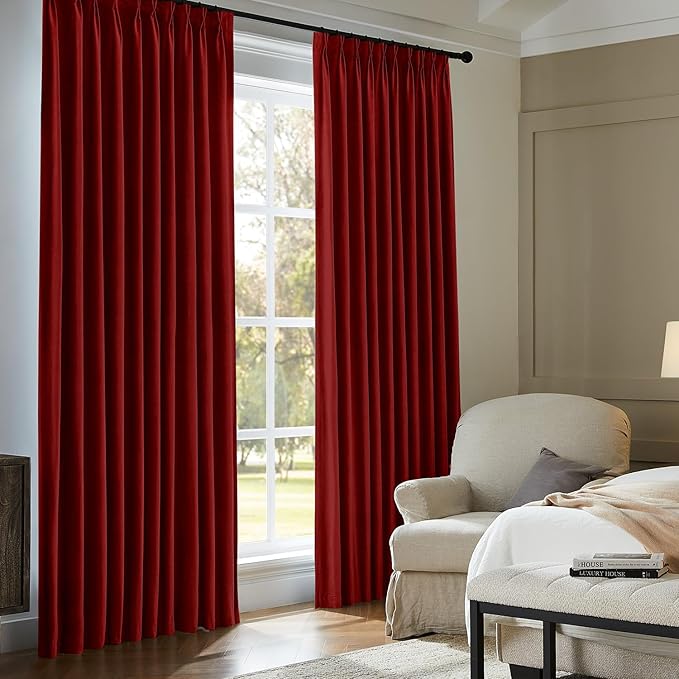 Pinch Pleated 100% Blackout Curtains for Bedroom, Red Velvet Curtains for Living Room, Black Out Curtain 96 inch Long Room Darkening, Blackout Pinch Pleat Drapes with Hooks 2 Panels