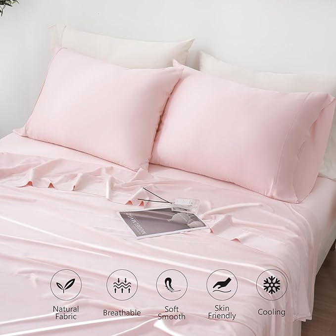 Linen World King Size 400TC Cooling Bed Sheet Set - 100% Organically Grown Viscose Sheets, Silky Soft & Breathable, Deep Pocket Fits Up to 16", 4-Piece Sheets with Pillowcases,Baby Pink