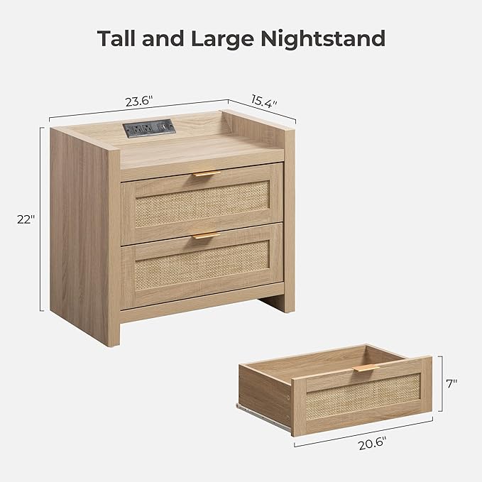 SICOTAS Rattan Nightstands Set of 2 Bedside Table - Bedroom Night Stand with Type-C Charging Station, 2 Drawers Storage - Boho Night Stands End Table for Bedroom Office - Light Oak