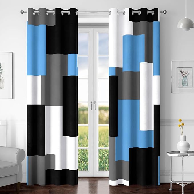 Light Blue 100% Blackout Curtains for Bedroom 108 inch Extra Long 2 Panels Set Black Grey Modern Abstract Geometric Black Out Curtains Room Darkening Window Drapes for Living Room, 52Wx108L