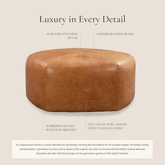 POLY & BARK Porto Ottoman – 37" Pentagon Pouf with Feather-Down Topper – Full-Grain Leather Upholstered Pouf Ottoman for Living Room – Vintage Italian Leather in Cognac Tan