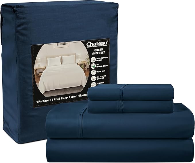 100% Cotton Sheets King Size Sheets Set With Fitted Sheet & Pillowcase Sets, 400 Thread Count Sateen Weave 4 Piece Deep Pocket King Sheet Set, Soft & Comfy Naturally Cool Luxury Bedding- Navy