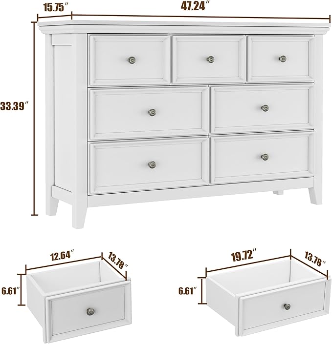 White Dresser for Bedroom, White 7 Drawers Dresser, Modern 7 Chest of Drawers, Closet Dresser, Farmhouse Dresser with 7 Storage Drawers Cabinet for Home Office, Study Room