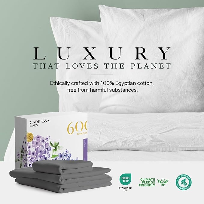 Carressa Linen 100% Egyptian Cotton Twin Sheets Set - 600 Thread Count Egyptian Cotton Luxury Twin Sheets (3 PC, Graphite Gray), 16" Deep Pocket, Soft, Cooling, Sateen Weave College Dorm Room Bedding