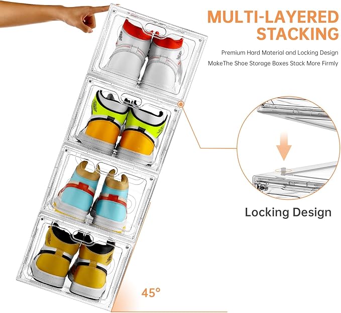 6 Pack Large Shoe Storage Box, Clear Shoe Storage Organizer with Magnetic Door, Stackable,Shoe Containers For Display Sneakers, Easy Assembly, Fit up to US Size 12, Clear