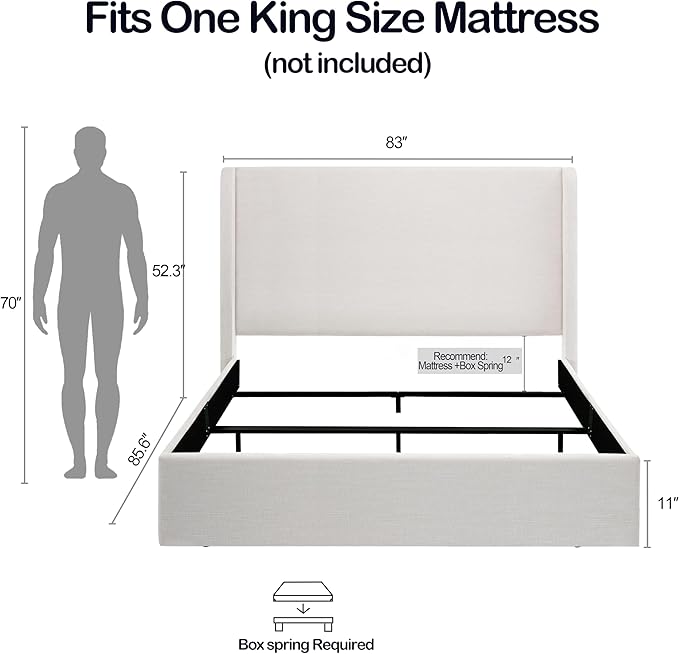 Upholstered Bed Frame King Size, 52.3" High Headboard Platform Beds Caron Tall Wingback Bed Frames, Box Spring Request/No Noise/Simplicity Minimalist, Textured Ivory Canvas Chenille
