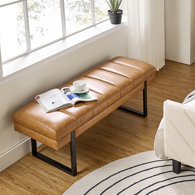 HULALA HOME 53" Faux Leather Entryway Bench, Button Tufted End of Bed Bench Ottoman for Bedroom, Living Room with Metal Base,Camel