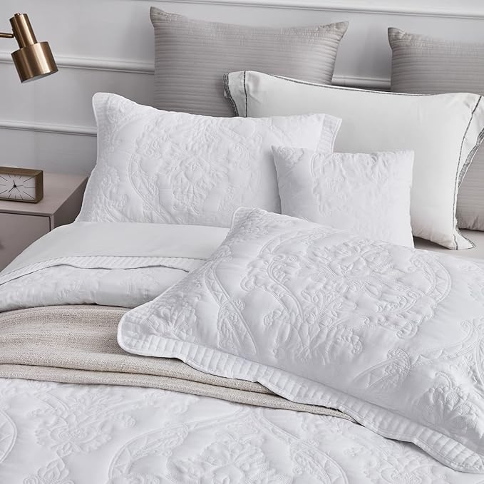 CHIXIN Bedspread Coverlet Set Queen Size - Lightweight Bedding Cover - Beautiful Stitching - 5 Piece Reversible Bedspread - Gorgeous Damask Paisley Pattern (Queen, Pure White)