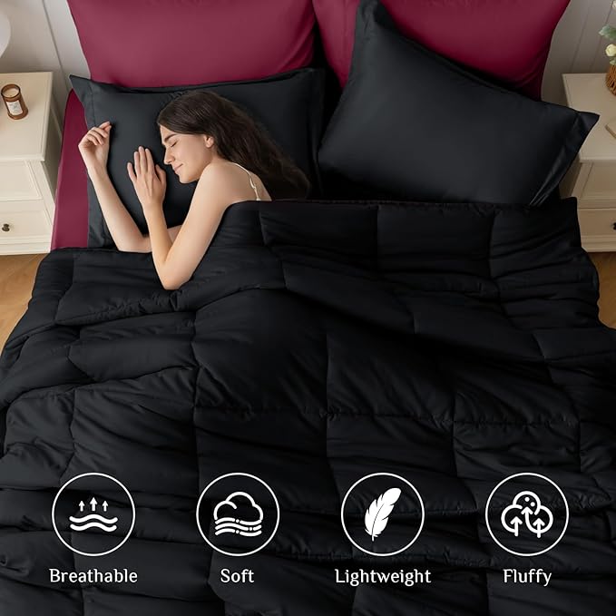 JOLLYVOGUE Queen Comforter Set, Ultra-Soft Bed in a Bag Queen Size 7 Pieces, Oeko-TEX Certified Bedding Set with Down Alternative Comforter, Sheets, Pillowcases & Shams, Burgundy & Black
