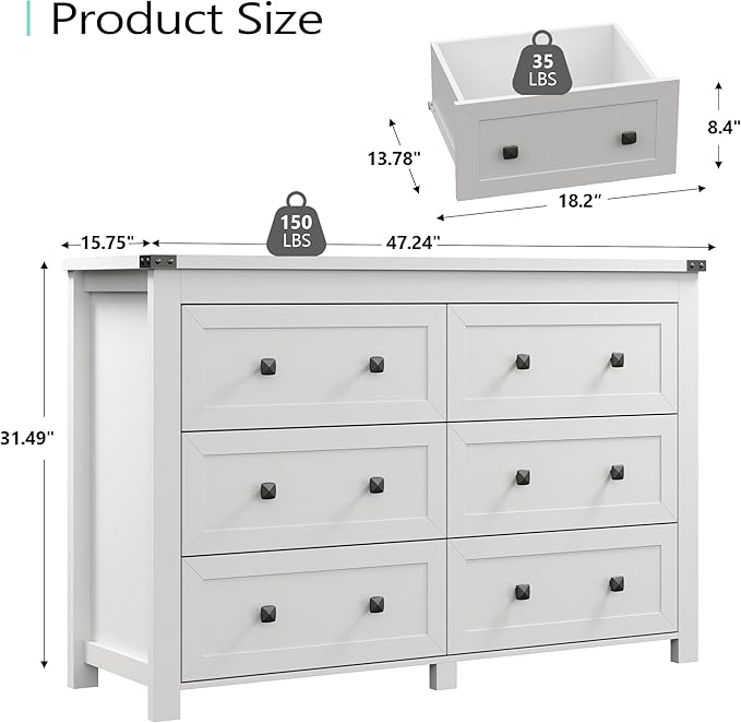 Dresser for Bedroom with 6 Drawers, Farmhouse Wood Chest of Drawers, Wide TV Stand Closet Storage Furniture with Metal Handle, Modern Clothes Organizer for Hallway, Living Room, Entryway, White
