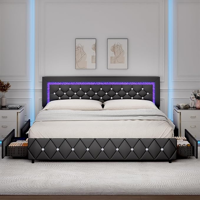 BarnFurin King Size Bed Frame with LED Lights and Storage Drawers, Upholstered Platform Bed with Crystal Tufted Headboard, Wooden Slats Support, No Box Spring Needed, Easy Assembly, Black