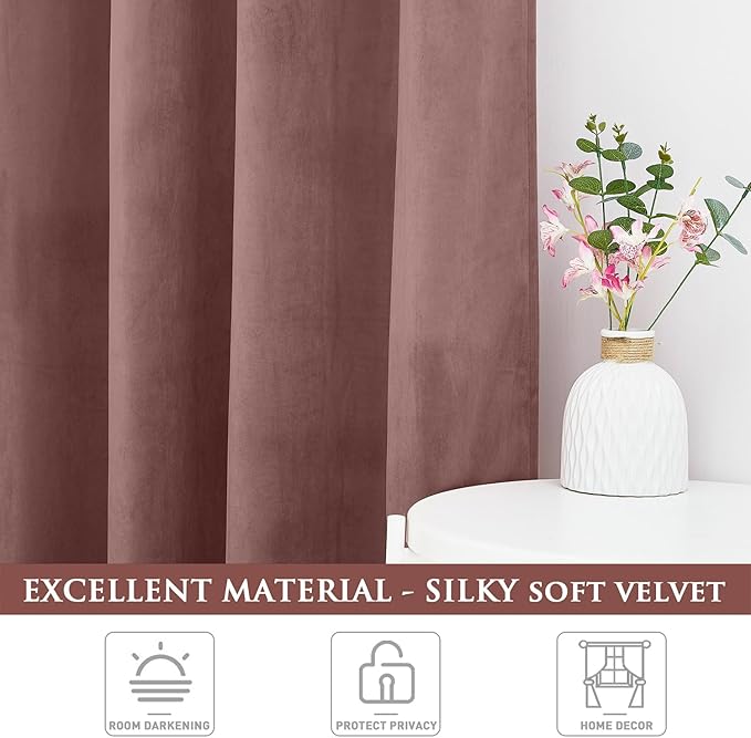 StangH Wild Rose Pink Curtains for Kids Bedroom, Elegant Soft Velvet Room Darkening Window Drapes Rod Pocket Thermal Insulated Sliding Door Panels, W52 x L90, 2 Panels