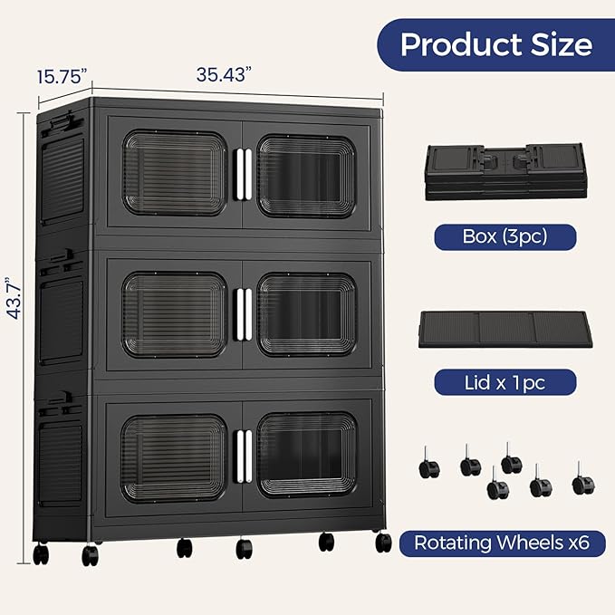 150 Gallon Extra Large Storage Bin with Lid and Wheels, Stackable Collapsible Plastic Storage Box with Door, Foldable Organizer for Closet, Kitchen, Office, Living Room, 3 Pack Black