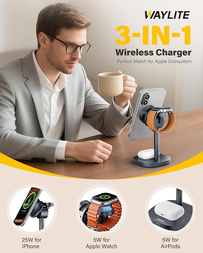 25W Qi2.2 Fast Wireless Charger Stand for Apple MagSafe Charger, 3 in 1 Charging Station with TEC Cooling, Magnetic Wireless Charger for iPhone17/16/15/14/13/12, Apple Watch, AirPods, Gifts for Men