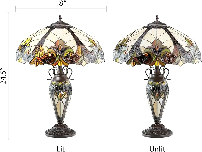 RIVER OF GOODS - Stained Glass Halston Double Lit Table Lamp - 24.5" H - Decorative Lamp for Bedroom - Bedside Lamp - Desk Lamps for Home Office - Tiffany Style - Amber