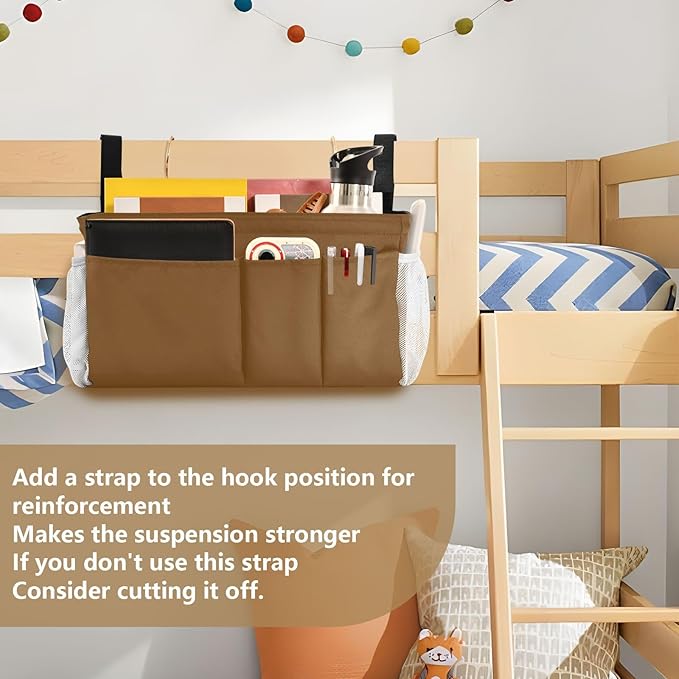 KOPIRIT Brown Bedside Caddy Storage Bag Bedside Organizer for Bunk Bed Headboards College Organizer Caddy Hanging Shelf 6 Pockets with Hooks for Drinks Magazine Phone Holder