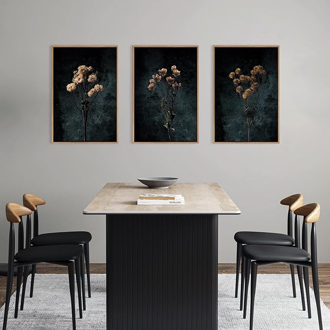 LHIUEM Dark Moody Wildflowers Framed Canvas Wall Art Set,Minimalist Wildflower Wall Decor,Vintage Black Flower Botanical Painting, Aesthetic Floral Artwork for Living Room,Bedroom,Office-16''x24''x3