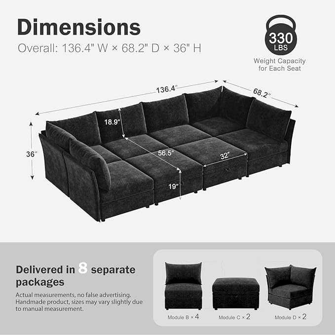 ABCASA 136.4" Oversized Modular Sectional Sleeper Sofa Bed, U Shaped Convertible Couch with Movable Ottoman, Large 8 Seat Corner Couches for Living Room Deep Seat Black Chenille