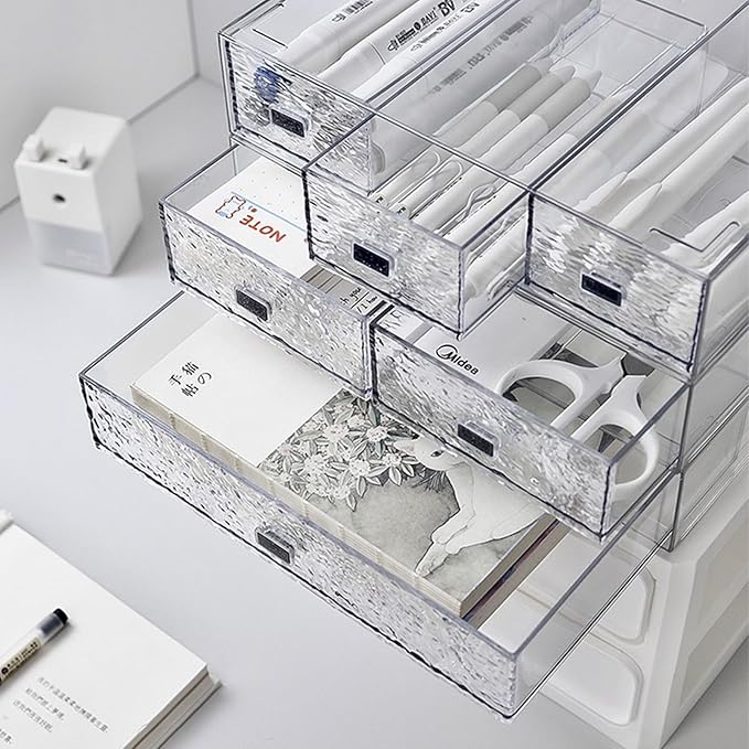 Desk Drawer Organizer, Stackable Plastic Storage Drawer, Grocery Organizer For Stationery/Office Supplies (New Clear, 2 Compartment)