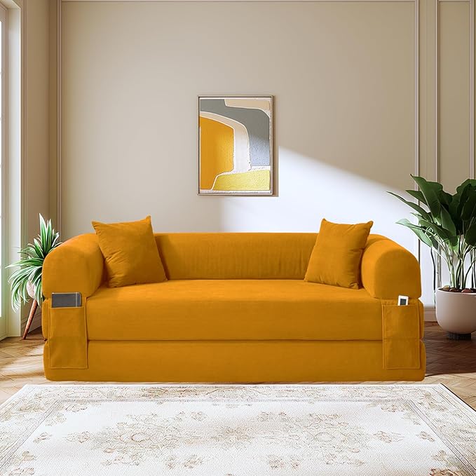 80" Convertible Sofa Bed,Corduroy Folding Sleeper Sofa Bed Queen with Pillows & Storage,Modular Pull Out Couches Boneless Couch for Living Room,Compressed Couch in a Box,Yellow