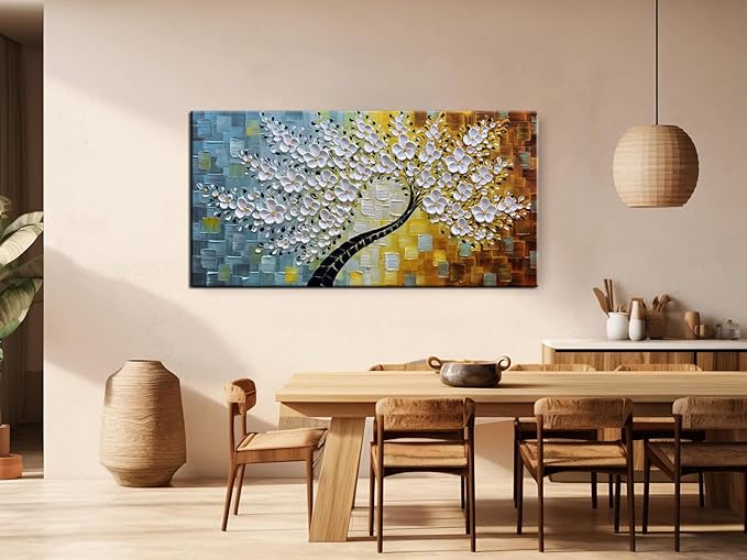 YaSheng Art -100% HandPainted Oil Painting On Canvas Texture White 3D Flower Tree Paintings Abstract Canvas Wall Art Home Bedroom Dining Room Living Room Modern Wall Decor Art Ready to hang 24x48inch