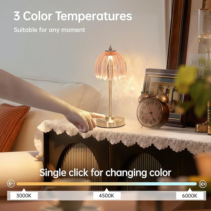 Tulip Table Lamp with 5200mAh Battery & Touch Control, Cordless Small Table Lamp with 3 Colors, Dimmable Rechargeable Table Lamps for Living Room, Bedroom, Desk, Bedside (Clear Pink Tulip)