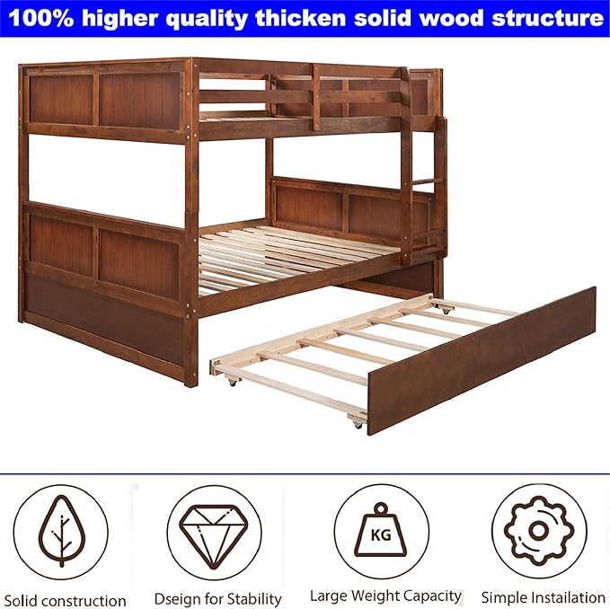 Upgraded Version Best Full Over Full Bunk Bed with Trundle, Thicken Solid Wood Full Size Bunk Bed, Bunkbed Frame Full Over Full, Convertible to 2 Beds, Easy Assembly for Adults (Walnut)